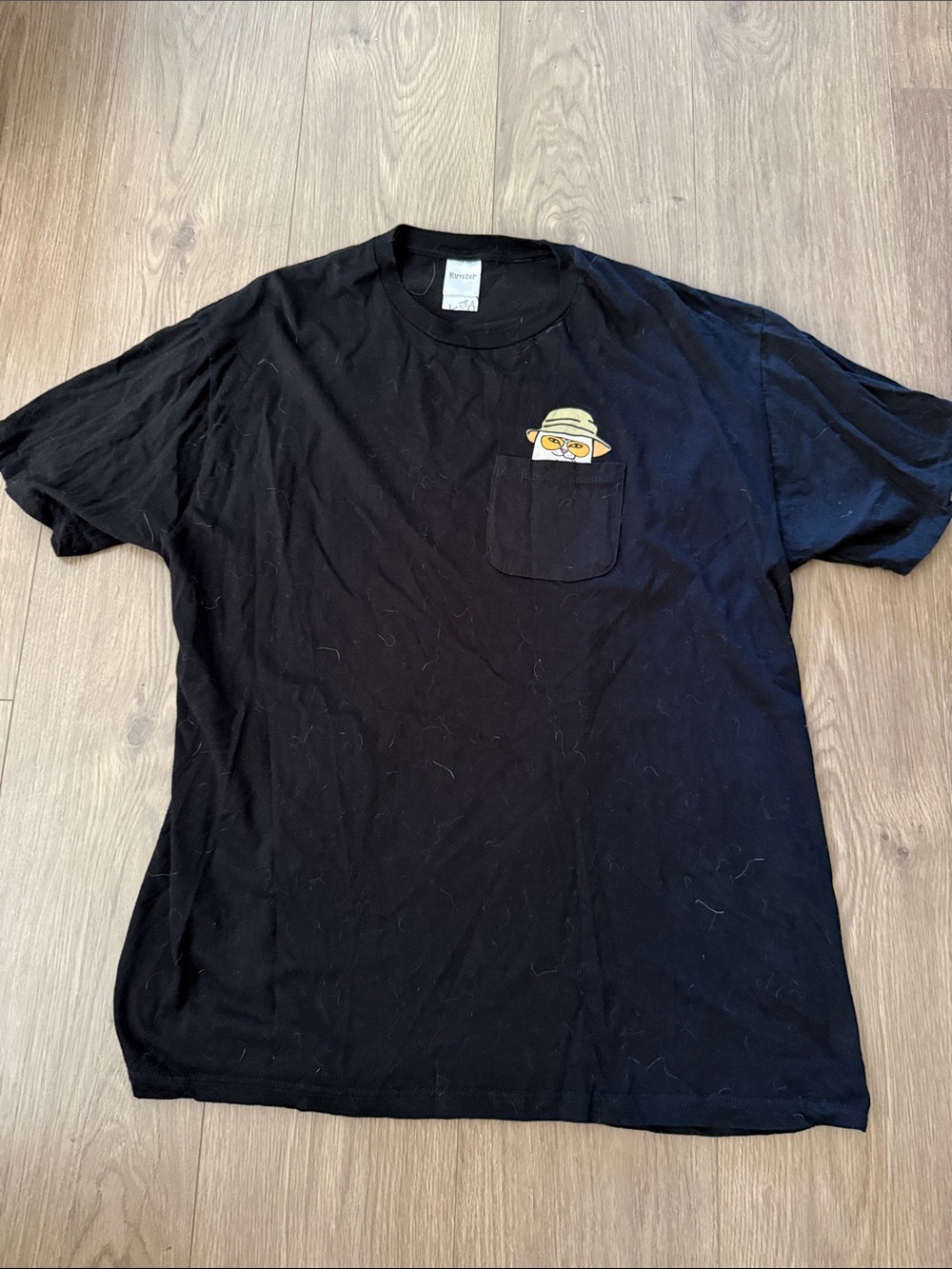 Rip n dip Black Pocket T-Shirt with Peeking Cat Graphic